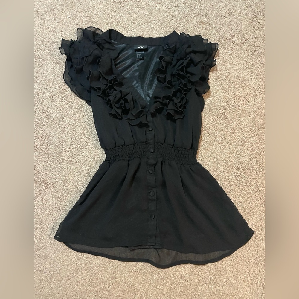 H&M Black Ruffle Sleeve Button-Front Blouse